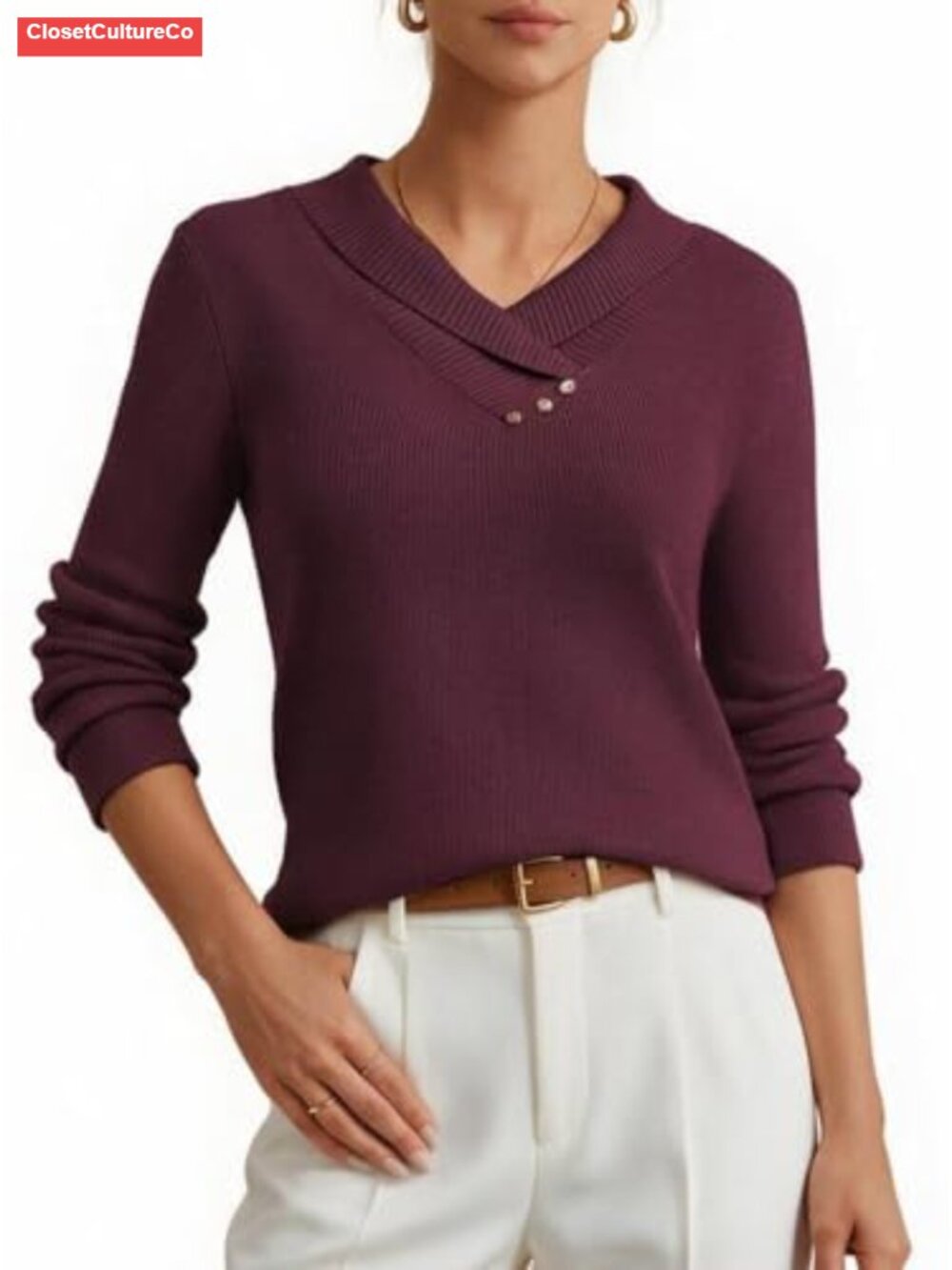 Women's Long Sleeve V Neck Collar Knit Pullover Sweater Loose Fit